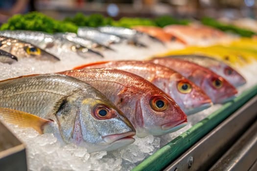 A bustling market showcases an impressive array of fresh fish, carefully arranged on ice with vibrant colors. The display includes different types of fish, enhancing the lively atmosphere.