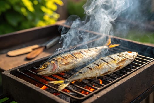 Two whole fish are being grilled over an open flame on a barbecue, producing smoke and surrounded by greenery in a backyard garden during a sunny afternoon.