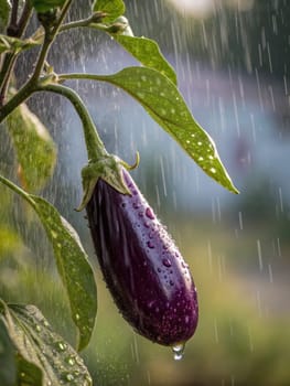 A ripe eggplant hangs from its plant, droplets of rainwater glistening on its surface. The background features soft, blurred greenery, indicating a fresh garden environment during light rainfall.