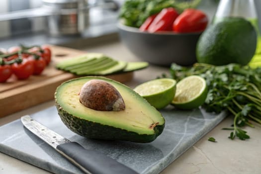 Brightly colored vegetables including tomatoes, avocados, and limes are arranged on a kitchen counter. A knife rests beside an open avocado, ready for meal preparation.