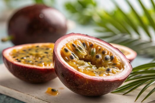 Juicy passion fruits are sliced in half, revealing shiny seeds and vibrant yellow pulp. The scene is complemented by fresh green leaves, emphasizing a tropical atmosphere.