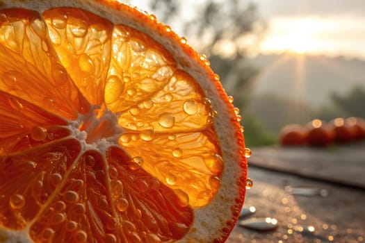 A ripe orange slice rests on a wooden surface, glistening with water droplets in the morning light. The sun rises in the background, illuminating the orange grove with a warm glow.