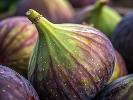Vibrant figs are arranged closely together, showcasing their unique shapes and colors. The green and purple hues display the fresh produce ready for sale at a local market.