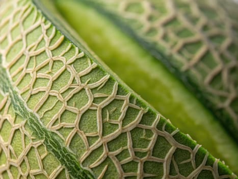 Showcasing a detailed view of a fresh cantaloupe, this focus reveals the unique textures and patterns on its skin. The green hues and interwoven lines create an interesting visual display.