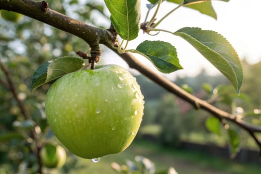 A bright green apple hangs from a tree branch, glistening with droplets of water. Sunlight filters through the leaves, illuminating the fruit and its surroundings in the early morning.