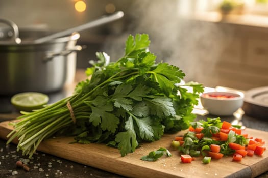 Bright cilantro and diced tomatoes rest on a wooden cutting board. Steam rises gently from a pot on the stove, creating a cozy atmosphere in the kitchen.