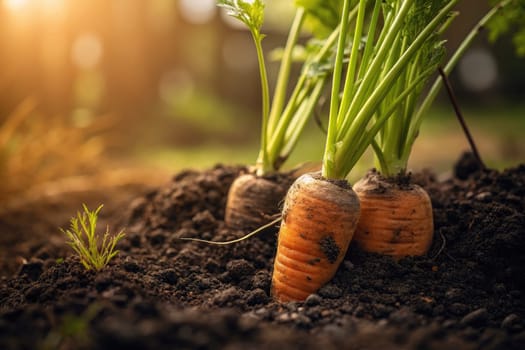 Fresh carrots are partially exposed in dark, fertile soil, basking in the warm sunlight of the afternoon. Nearby, small green leaves rise, indicating healthy growth.