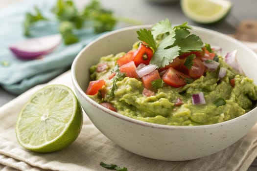 Creamy guacamole is prepared with ripe avocados, topped with fresh diced tomatoes and cilantro. A halved lime rests beside the bowl, enhancing the vibrant colors of the dish.