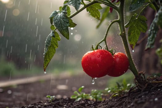 Two ripe red tomatoes hang from a green vine, glistening with raindrops as gentle rain falls. Sunlight filters through, enhancing the fresh garden atmosphere.