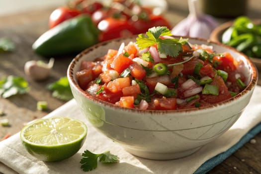 A bowl of vibrant salsa made with diced tomatoes, onions, and cilantro sits on a wooden table. Fresh lime and jalapenos surround the bowl, showcasing ingredients for a flavorful dish.