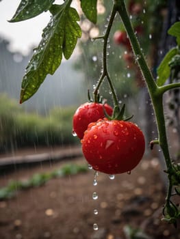 Two bright red tomatoes hang from a green vine, glistening with water droplets from a gentle rain. The lush garden surrounding them showcases a vibrant summer atmosphere.