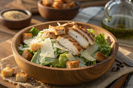 A vibrant salad features crisp lettuce, grilled chicken slices, croutons, and parmesan cheese in a wooden bowl. Olive oil and seasonings add flavor to this healthy dish.