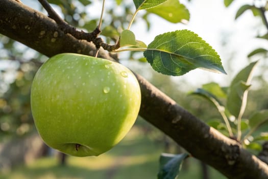 A bright green apple glistens with dew, hanging from a sturdy branch in a vibrant orchard. Surrounding leaves bask in the warm glow of the late afternoon sun.