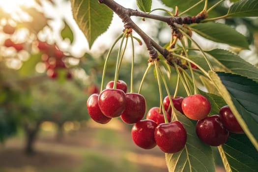 Red cherries dangle from green leaves in a thriving orchard during the evening hours. Soft sunlight filters through the trees, enhancing the vibrant colors of the fruit.
