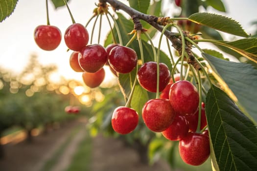 Bright red cherries cling to a branch in an orchard, illuminated by the warm golden light of sunrise. The lush green leaves surround the fruit, creating a serene and inviting atmosphere.