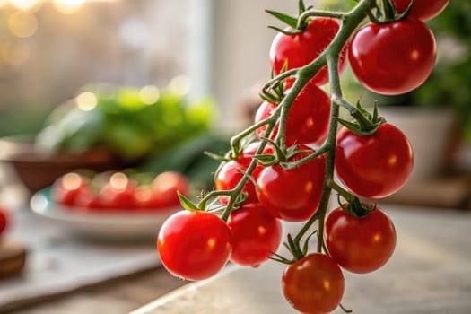A cluster of vibrant cherry tomatoes hangs from a green vine, illuminated by warm sunlight. In the background, green herbs and additional tomatoes create a fresh kitchen atmosphere.