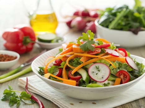 A colorful salad made with fresh greens, cherry tomatoes, radishes, and sliced vegetables sits in a bowl. Olive oil and other ingredients are arranged around for preparation in a cozy kitchen space.