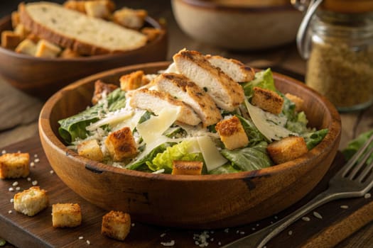 A richly layered Caesar salad features crisp romaine lettuce, tender grilled chicken slices, flaky Parmesan cheese, and crunchy croutons, all arranged beautifully on a wooden platter.