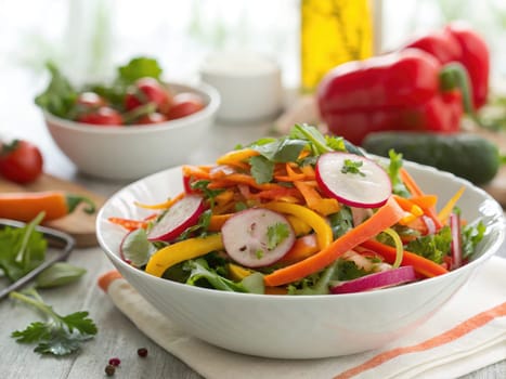A vibrant salad bowl filled with fresh vegetables including carrots, peppers, and radishes sits on a kitchen table.