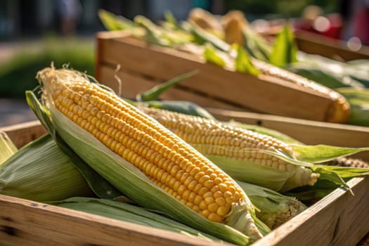 Ears of corn are arranged in wooden crates at a vibrant summer farmers market. The golden kernels glisten under the warm afternoon sunlight, inviting shoppers to enjoy fresh produce.