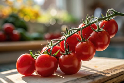 A cluster of ripe cherry tomatoes is arranged on a wooden cutting board. Bright sunlight floods the kitchen, enhancing the vibrant red color of the tomatoes.