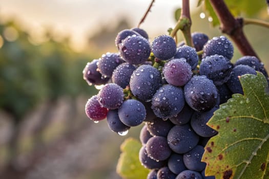 Dew-kissed grapes dangle from a lush vine in a sprawling vineyard at dawn. The soft sunlight enhances the vibrant colors as nature awakens, creating a peaceful atmosphere.