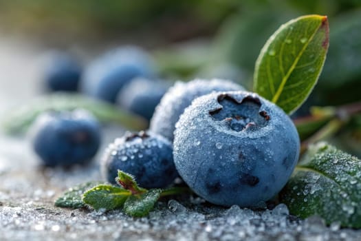 Clusters of fresh, frozen blueberries rest on a textured surface, surrounded by glistening dew and green leaves under soft morning light. The coolness of winter resonates in the scene.
