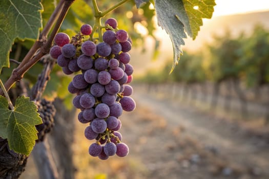 Clusters of ripe purple grapes dangle from a vine in a vineyard as the sun sets, casting a warm glow over the rural landscape, highlighting the lush foliage and the rows of grapevines.