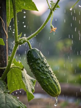 A cucumber hangs from a lush green vine in a garden as droplets of rain fall softly around it. The early morning light adds a fresh glow to the setting, highlighting the vibrant leaves.