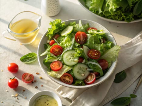 A colorful bowl of garden salad featuring crisp lettuce, cherry tomatoes, and sliced cucumber is set on a bright table. Nearby, a small jug of dressing adds to the fresh meal.
