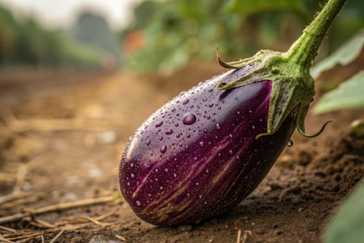 Dew-covered eggplant rests on the soil of a farm, showcasing its vibrant color and texture while morning light illuminates the surrounding plants, emphasizing the tranquility of the harvest.
