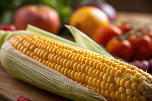 Bright yellow corn sits prominently on a wooden surface, surrounded by various fresh fruits and vegetables. The warm colors highlight summers bounty, inviting culinary creativity.