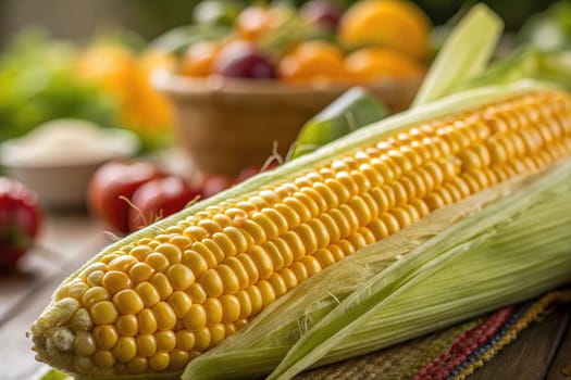 A close-up of a fresh ear of corn on the cob rests on a wooden table. In the background, a basket filled with various colorful fruits and vegetables adds a lively touch to the rustic kitchen ambiance.