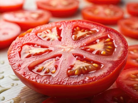 Slices of ripe red tomatoes are arranged on a cutting board. The tomatoes glisten with freshness, highlighting their vibrant color and juicy texture. Perfect for salads or cooking.