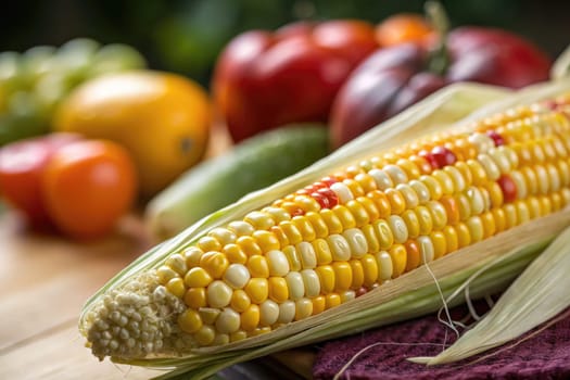 Colorful fresh corn is showcased prominently with a variety of fruits and vegetables on a rustic wooden table. The arrangement highlights seasonal produce in a natural environment.
