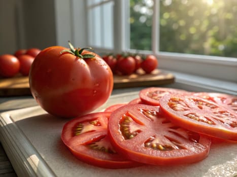 A bright kitchen showcases a ripe tomato next to freshly sliced tomato pieces on a cutting board. Sunlight filters through a nearby window, enhancing the vibrant red color.