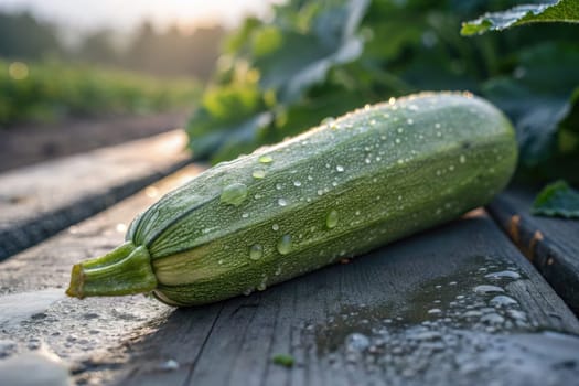 A freshly picked zucchini lies on a weathered wooden surface, glistening with droplets of water. The soft morning light highlights the vegetables vibrant green color against a lush garden background.