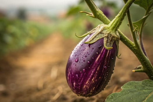 A close-up view of a ripe eggplant hanging from its plant, adorned with droplets of water. The lush garden environment is filled with greenery, showcasing the beauty of fresh produce.
