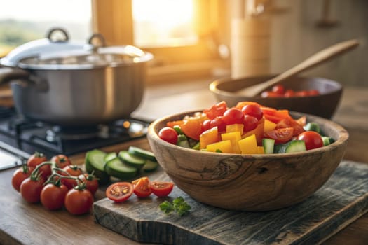 Brightly colored vegetables are arranged in a wooden bowl, with a warm sunset casting light in a cozy kitchen. Fresh tomatoes and cucumbers complement the vibrant dish.
