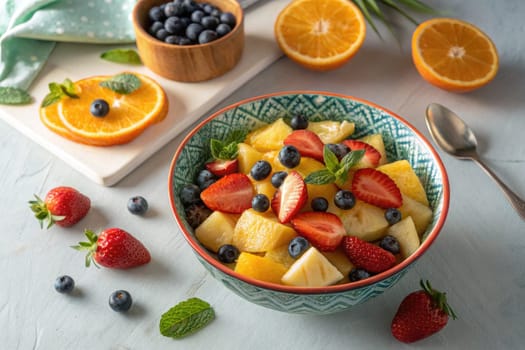 A vibrant fruit salad features fresh strawberries, blueberries, and oranges arranged in a decorative bowl. Mint leaves add a pop of color, enhancing the refreshing summer vibe of the dish.