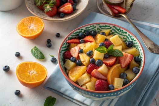 A vibrant bowl of fruit salad features diced pineapples, strawberries, blueberries, and orange slices garnished with mint leaves. The refreshing dish is presented on a light table setting.