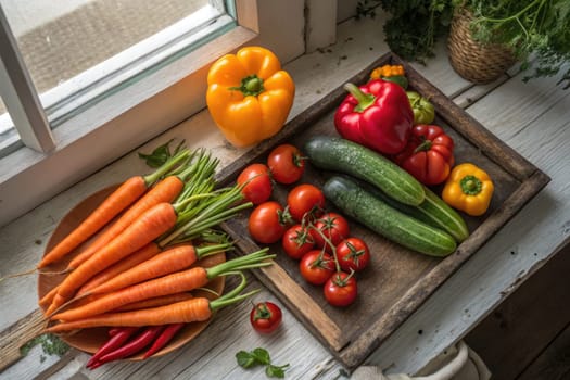 A vibrant assortment of freshly harvested vegetables is displayed on a rustic wooden tray. The colorful selection includes carrots, cucumbers, bell peppers, and tomatoes, placed near a bright window.