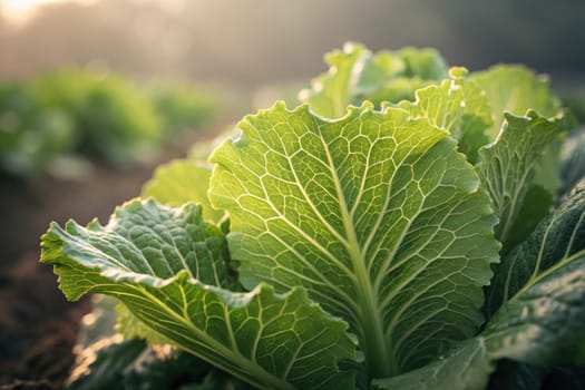 Lush cabbage leaves grow prominently in a garden, illuminated by warm sunlight. The intricate patterns and vibrant colors reflect healthy plant life.