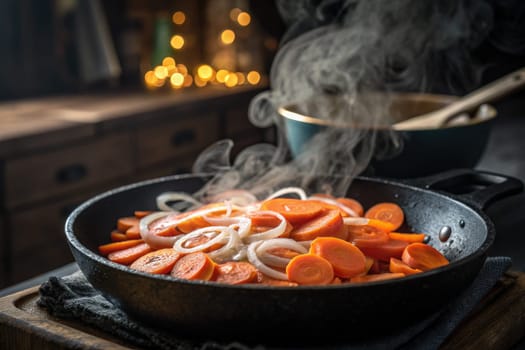 Fresh orange carrots and white onions are sautéed in a skillet with steam rising above. The warm atmosphere is enhanced by soft lighting in the background, creating a homey kitchen vibe.