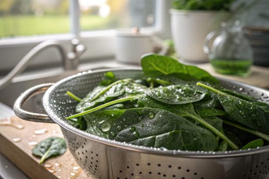 A colander filled with freshly washed spinach leaves rests on a wooden cutting board in a bright kitchen. Sunlight streams through the window, highlighting the vibrant greens.