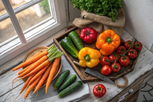 A vibrant collection of fresh vegetables including carrots, cucumbers, bell peppers, and tomatoes is arranged on a wooden tray.