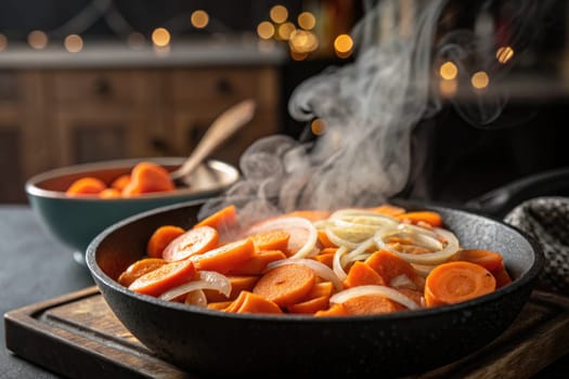 Sautéing bright orange carrot slices and white onion rings in a black skillet release steam, while a bowl of chopped carrots in the background adds a cozy feel to the warm kitchen.