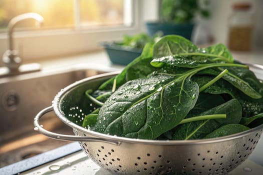 A colander filled with freshly washed spinach leaves is placed by a sunny kitchen window. Raindrops glisten on the vibrant green leaves, showcasing their freshness for meal preparation.