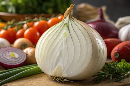 A freshly cut onion reveals its layered interior while colorful tomatoes, peppers, and herbs surround it on a wooden surface, showcasing a healthy, rustic kitchen setup.