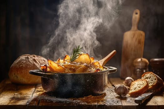A hearty dish of roasted potatoes seasoned with herbs fills a cast iron pot, emitting steam. Nearby, freshly baked bread and garlic suggest a cozy kitchen atmosphere.